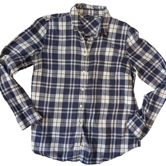 J. Crew Tops - J Crew Mercantile Plaid Blue Button Down Flannel Long Sleeve Shirt Size Medium